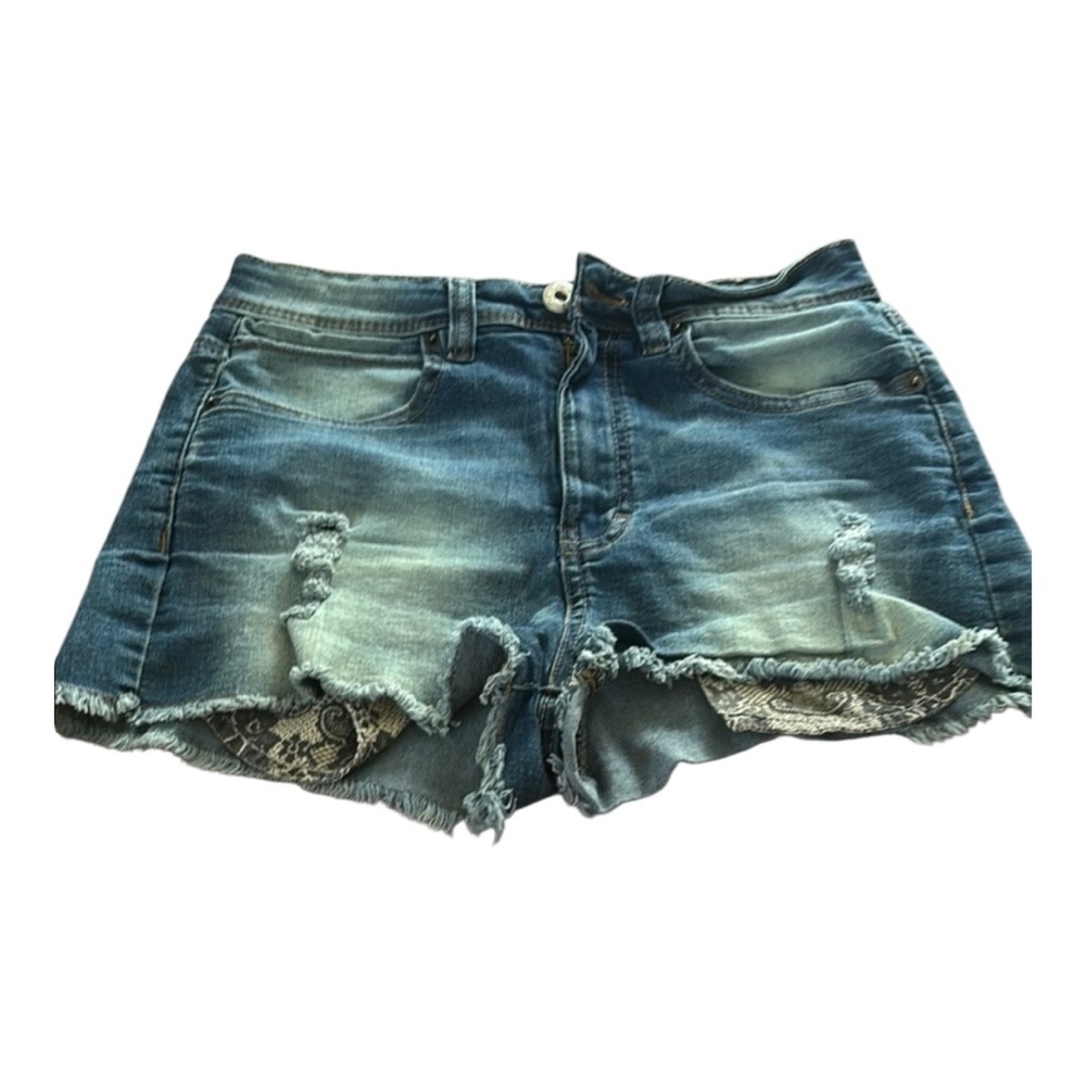 Blue Distressed Jean Shorts with Frayed Hem